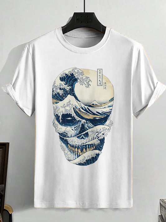 100% Cotton Skull Japanese Sea Wave Art Print Casual T-Shirt
