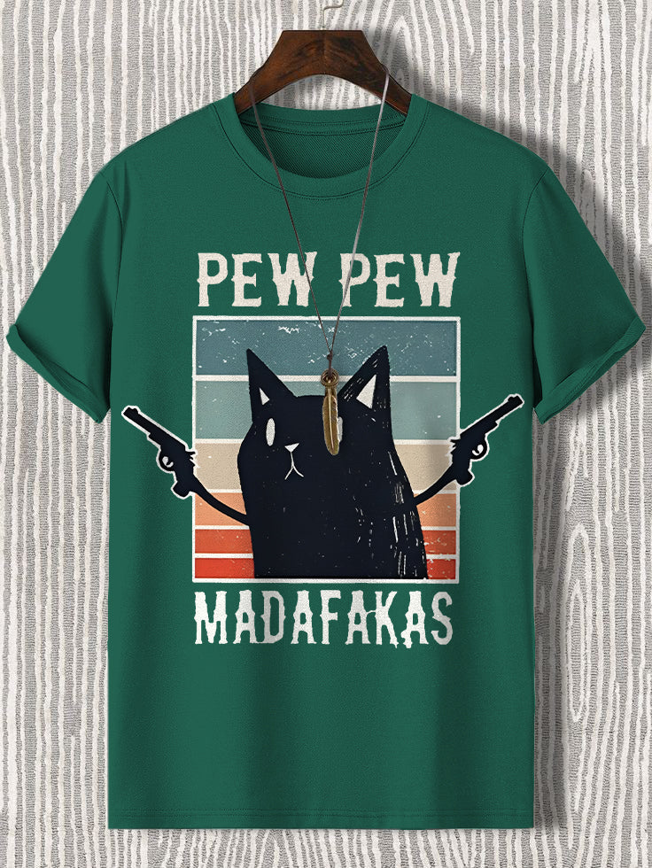 100% Cotton Pew Pew Madafakas Funny Cat Print Casual T-Shirt