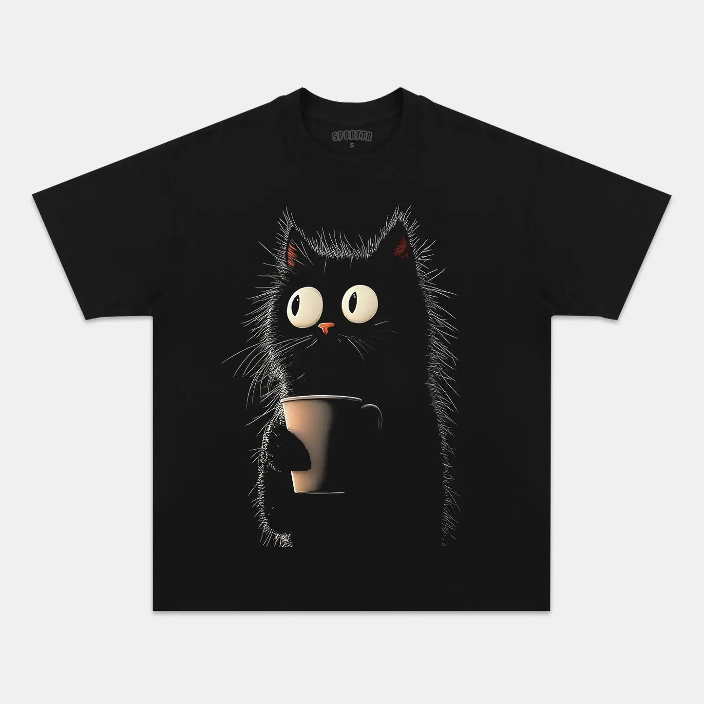 CARICATURE CAT WITH A MUG T-SHIRT