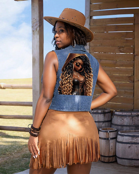 Cartoon Cute Black Girl Single-Breasted Casual Denim Waistcoat