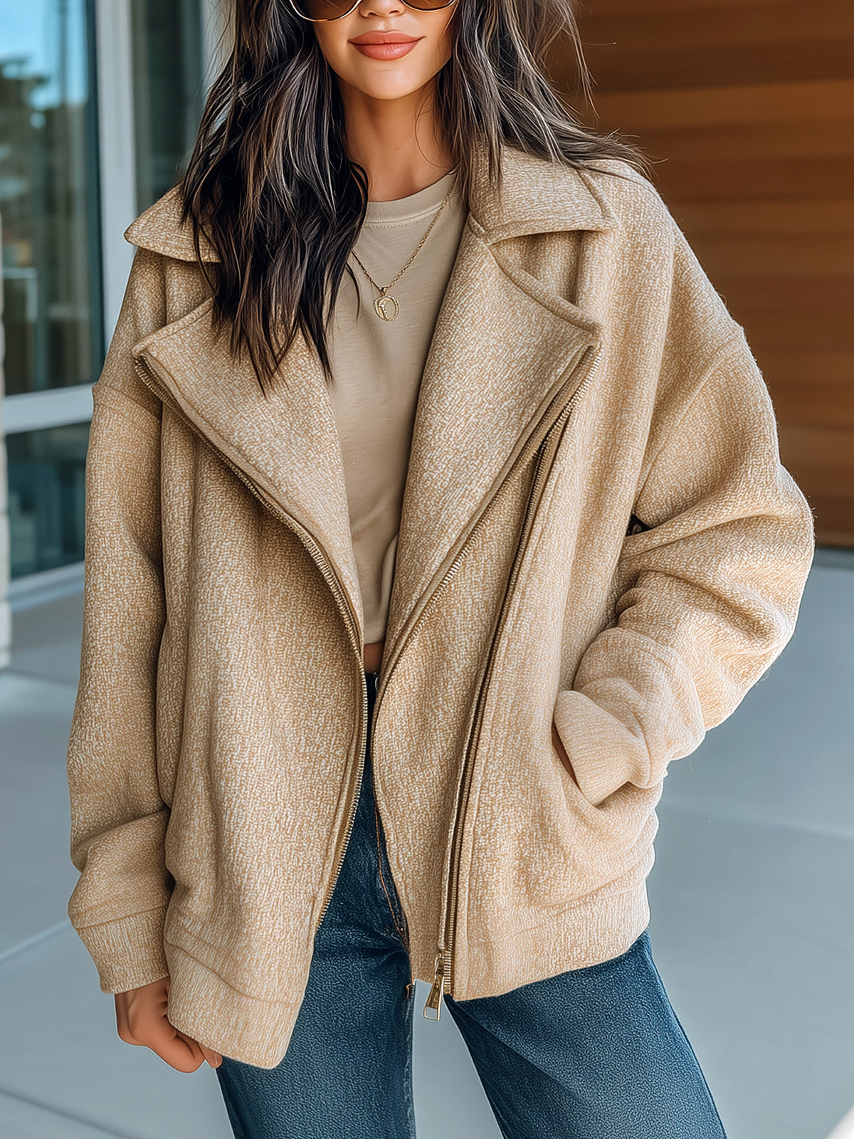 Taidalw Casual Chic Cotton Blend Oversized Asymmetrical Zip Collared Jacket