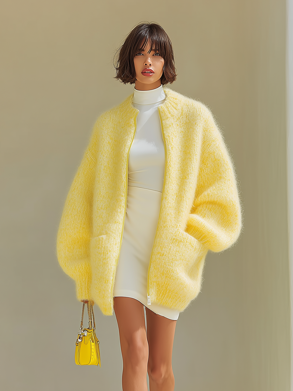 Taidalw Chic Vintage Yellow Round Collar Long Sleeve Zipper Patch Pocket Oversized Cardigan