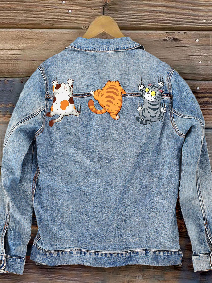 Three Fat Cats Climbing Art Print Casual Denim Jacket