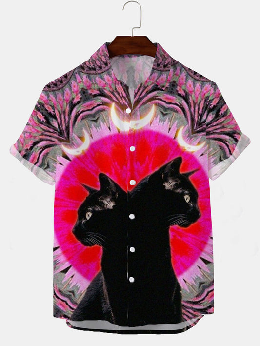 Black Cat Art Print Casual Short-Sleeved Shirt