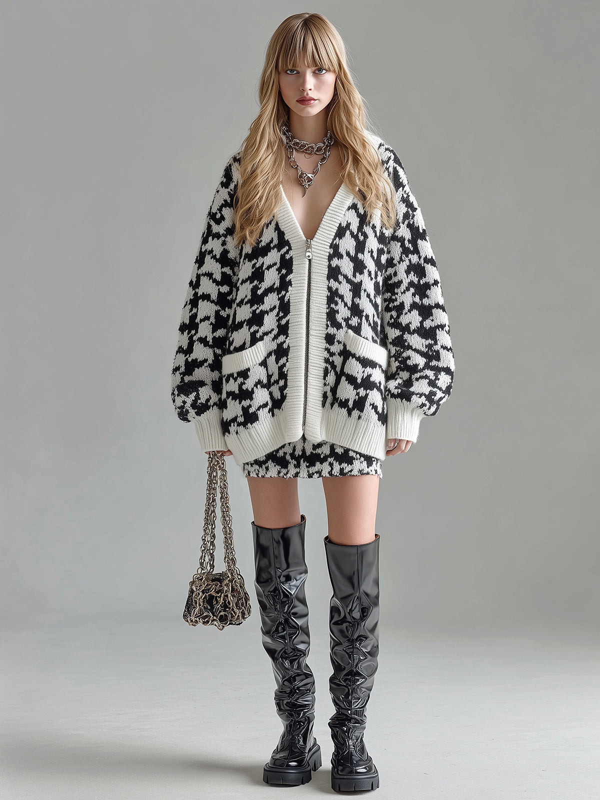 Taidalw Casual Chic Contrast Houndstooth V-neck Single-breasted Oversized Long Sleeve Knit Cardigan