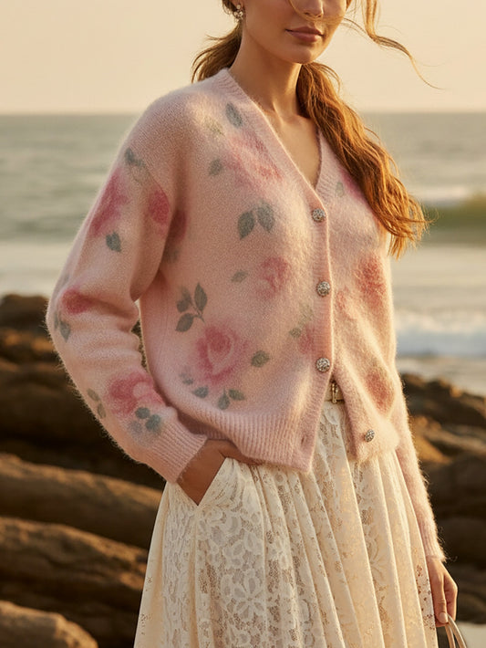 Cashmere Cardigan, Long Sleeves, V Neck, Floral, Button Design, Vintage, Pink
