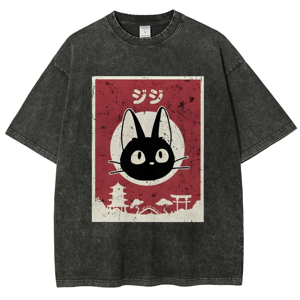 Unisex Cat Printed Washed Tee