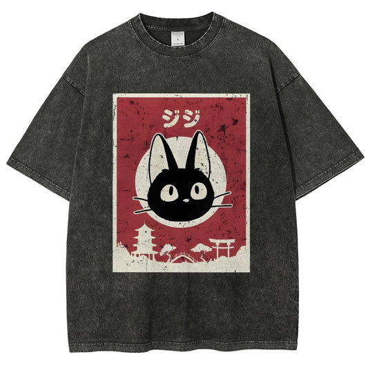Unisex Cat Printed Washed Tee