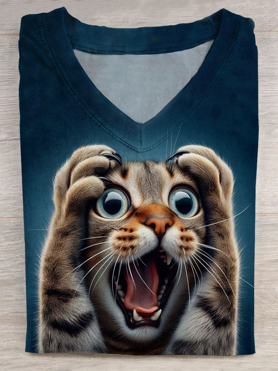 OMG Funny Cat Art Print V-neck Casual T-Shirt