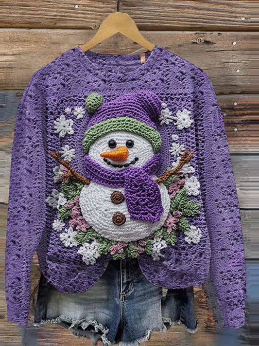 Women's Winter Snowman Textured Art Print Crew Neck Casual Knit Pullover