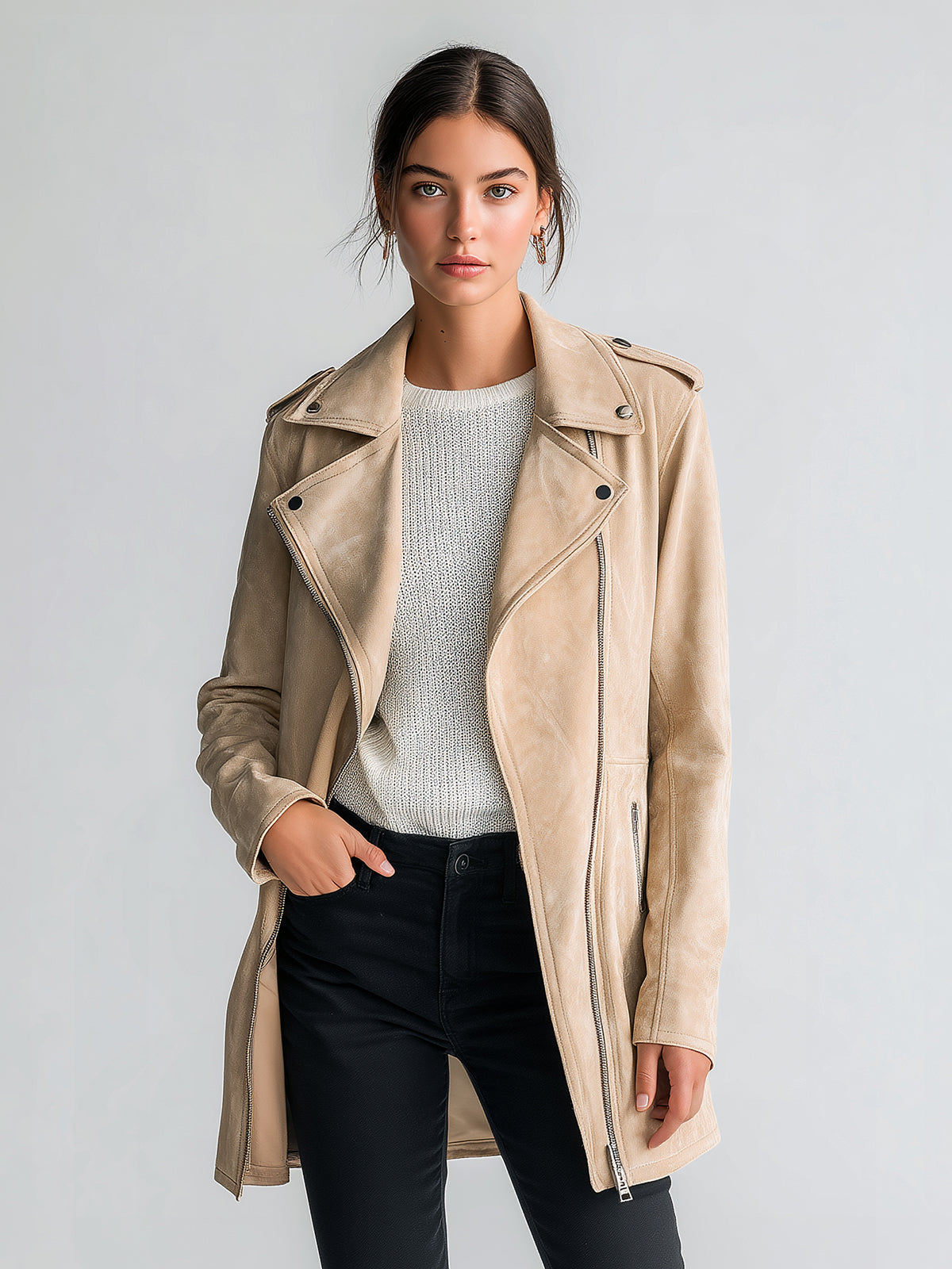 Taidalw Chic Casual Beige Faux Suede Biker Style Lapel Asymmetric Zip Mid-Length Jacket