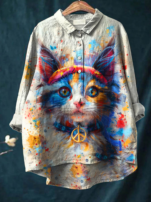 Peace And Love Cat Art Pattern Print Casual Cotton And Linen Shirt