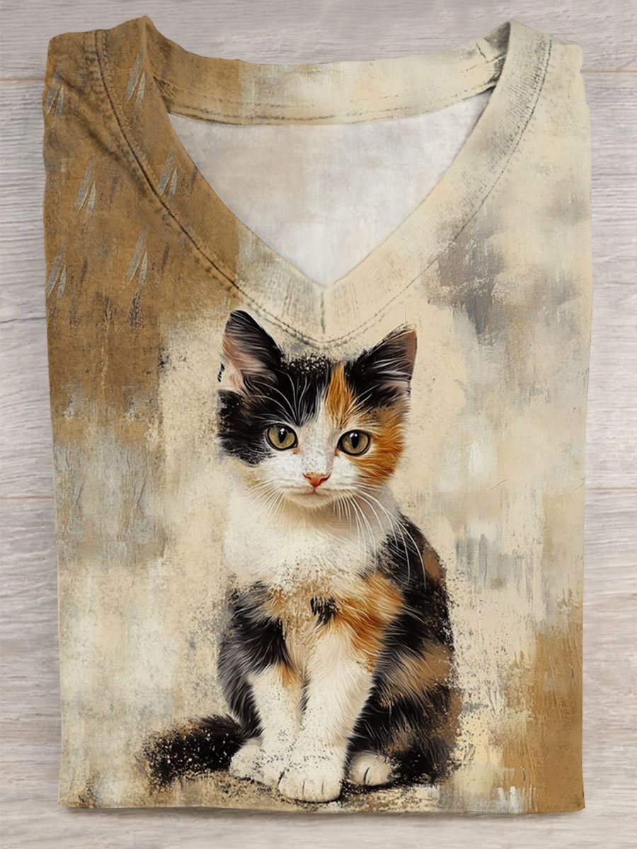 Women's Cute Cat Print V-neck Casual T-Shirt