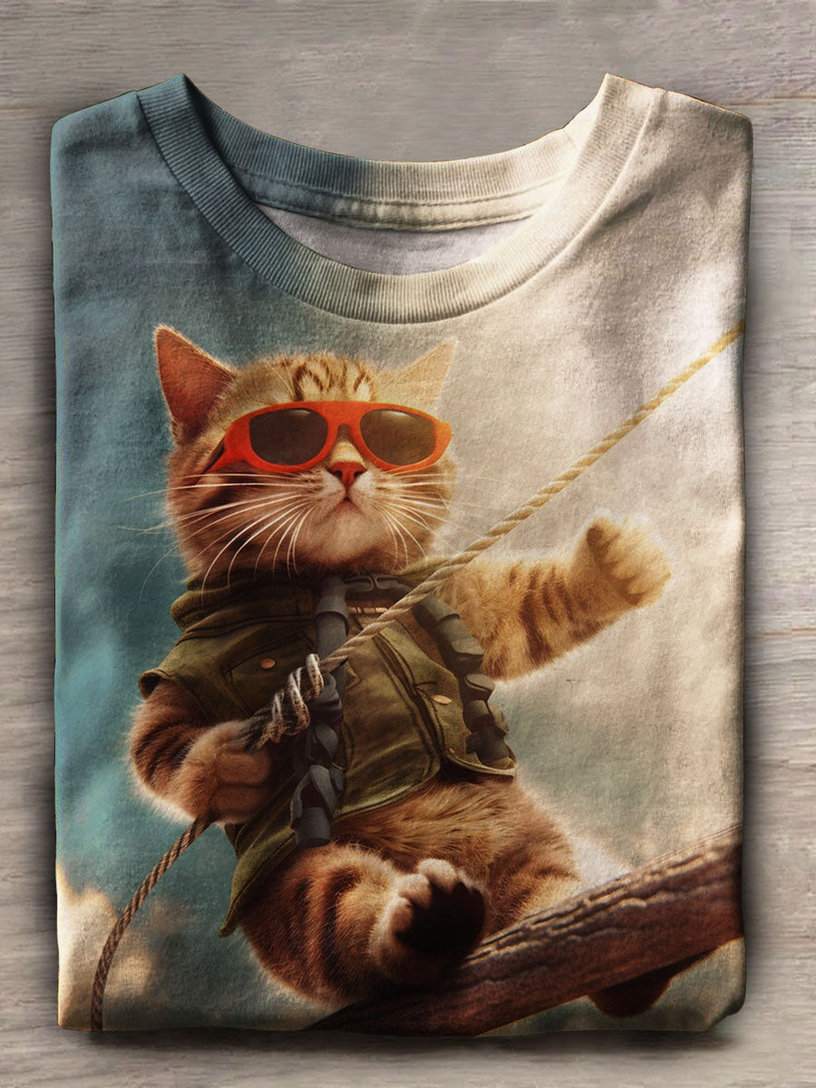 Funny Cat Print Casual Short Sleeve Top