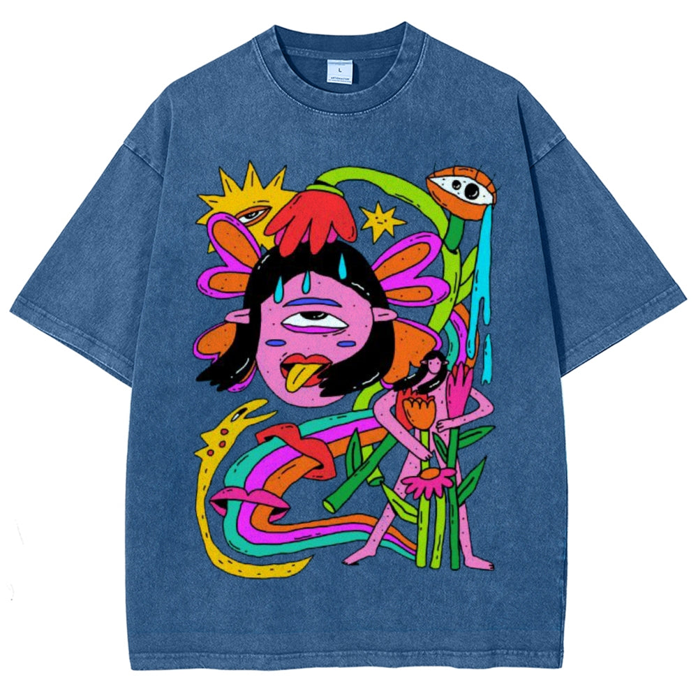 Unisex Abstract Art Human Face Eyes Printed Washed Tee