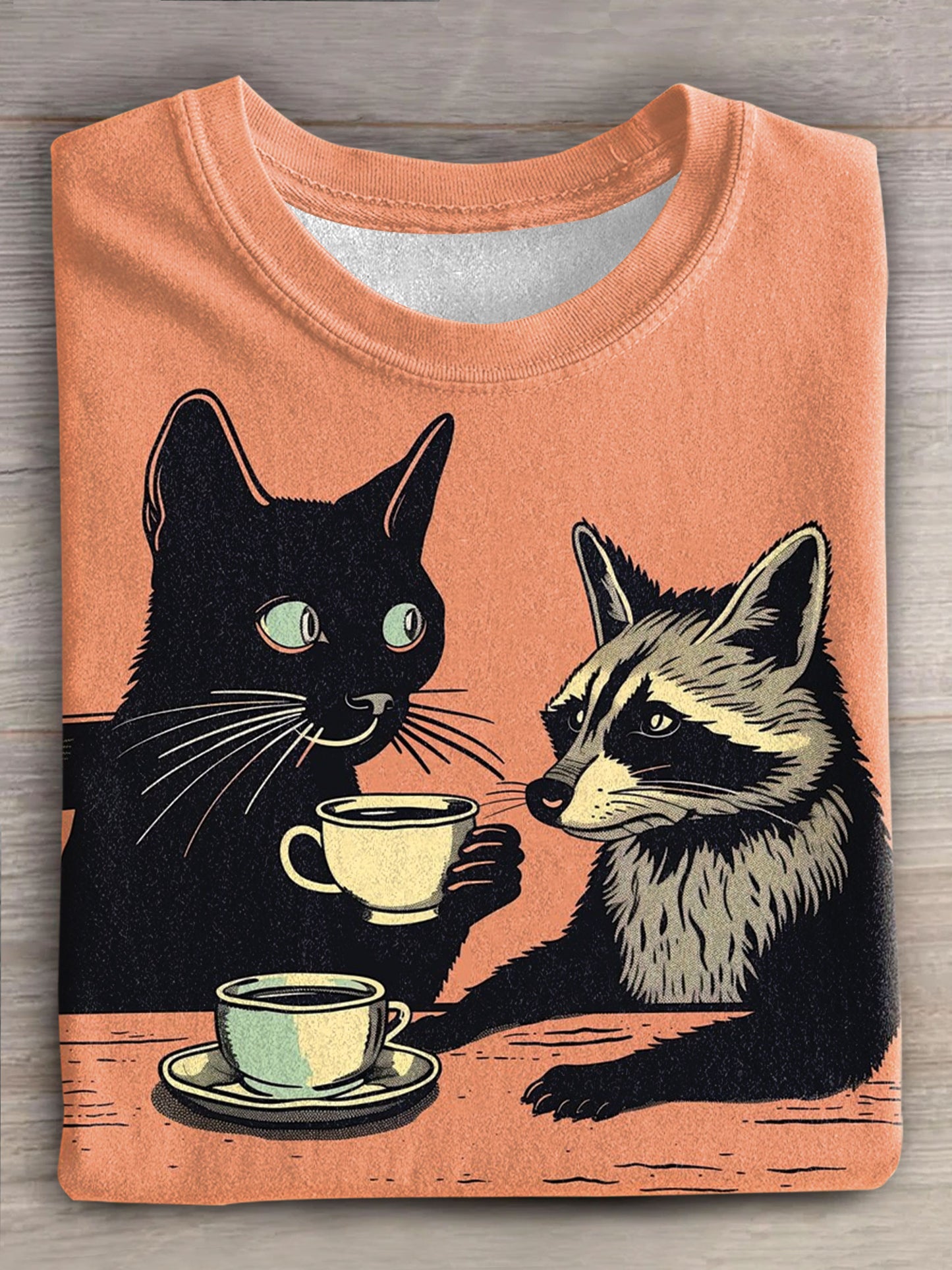 Black Cat Raccoon Funny Art Print Casaul T-shirt