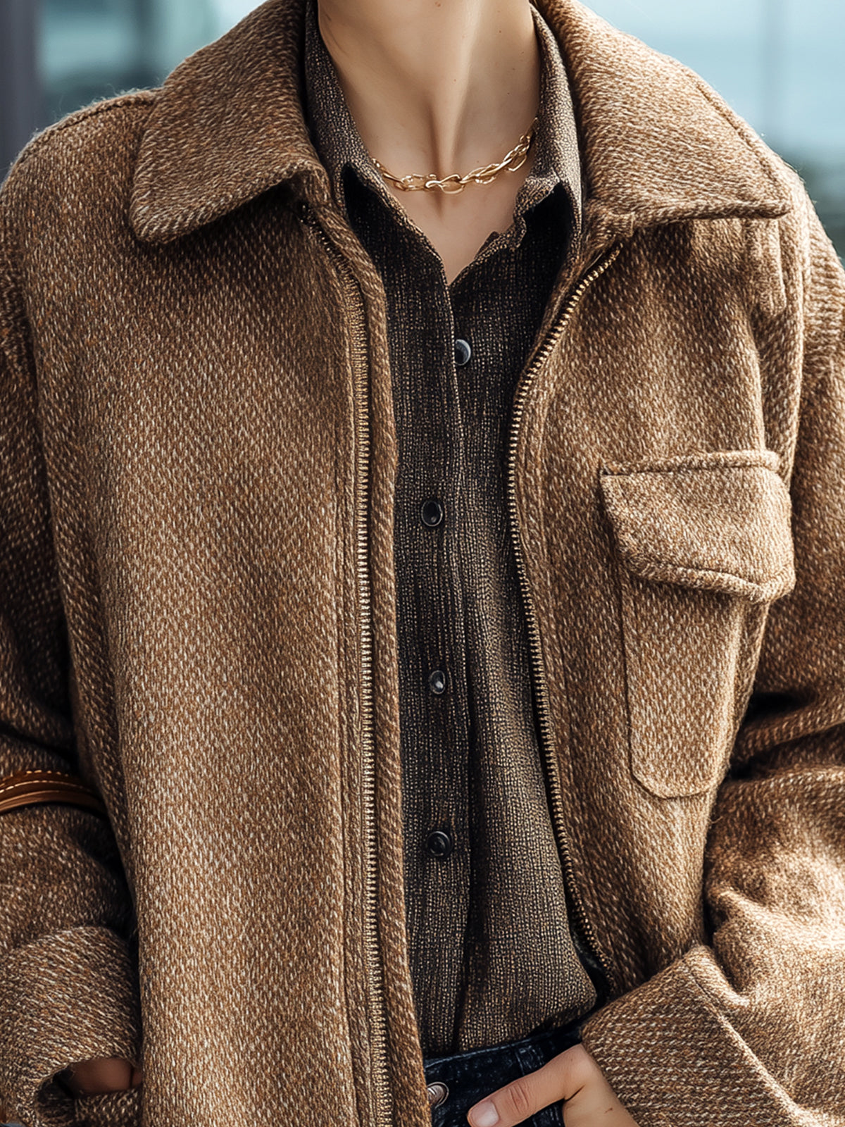 Taidalw Casual Chic Brown Wool Blend Tweed Lapel Zip-Front Flap Pocket Jacket