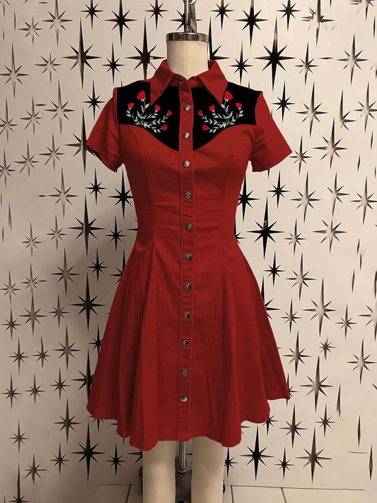 Western Vintage Flower Printed Shirt Dress