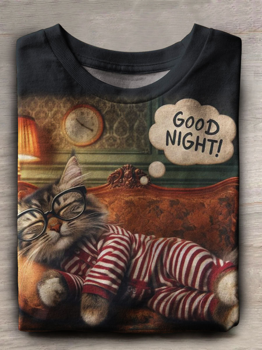 Cute Cat Print Casual Short Sleeve Top