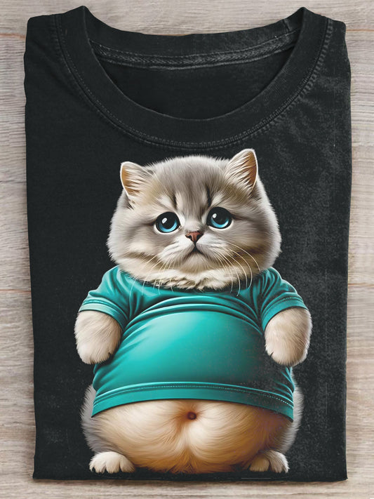 Cute  Fat CAT Art Print Casaul Short Sleeve T-shirt