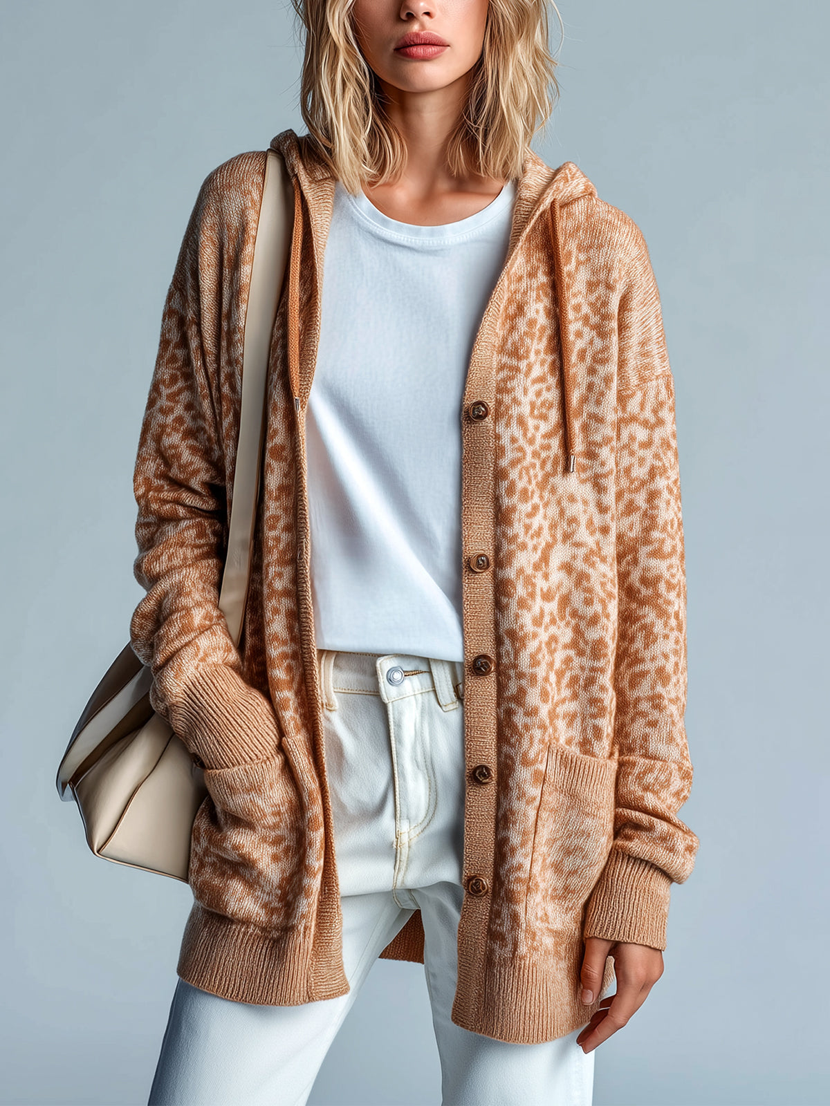 Taidalw Chic Vintage Khaki Leopard Hooded Single-Breasted Patch Pocket Mid-Length Slouchy Knit Cardigan