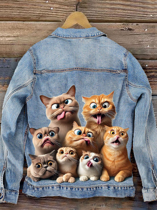 Funny Cats Art Print Casual Denim Jacket