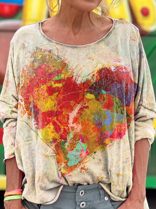 Women's Retro Love Heart Watercolor Print Casual Long Sleeve T-shirt