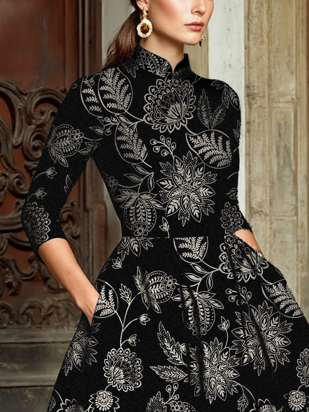 Midi Linen Dress, Half Sleeve, Stand Collar, Paisley, Floral, Pocket Design, Vintage, Black