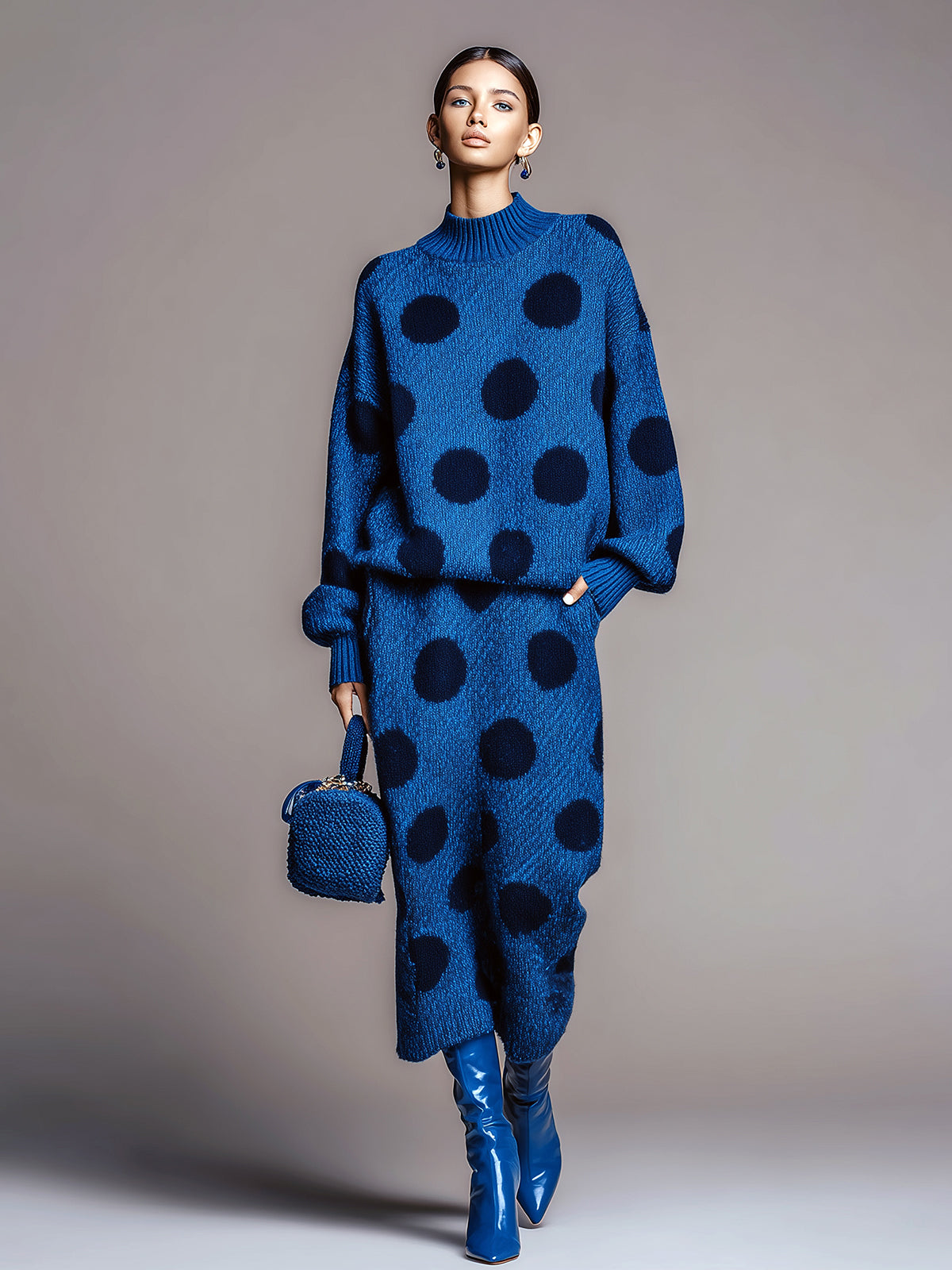 Taidalw Chic Contrast Polka Dot Mock Neck Long Sleeve Top Midi Skirt Knit Two-Piece Set