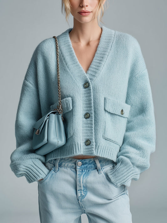 Taidalw Chic Vintage Light Blue V-Neck Single-Breasted Utility Pocket Cropped Knit Cardigan