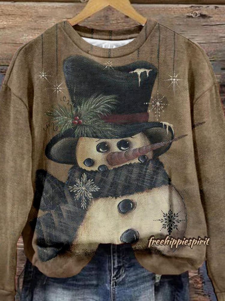 Retro Christmas Snowman Print Casual Sweatshirt