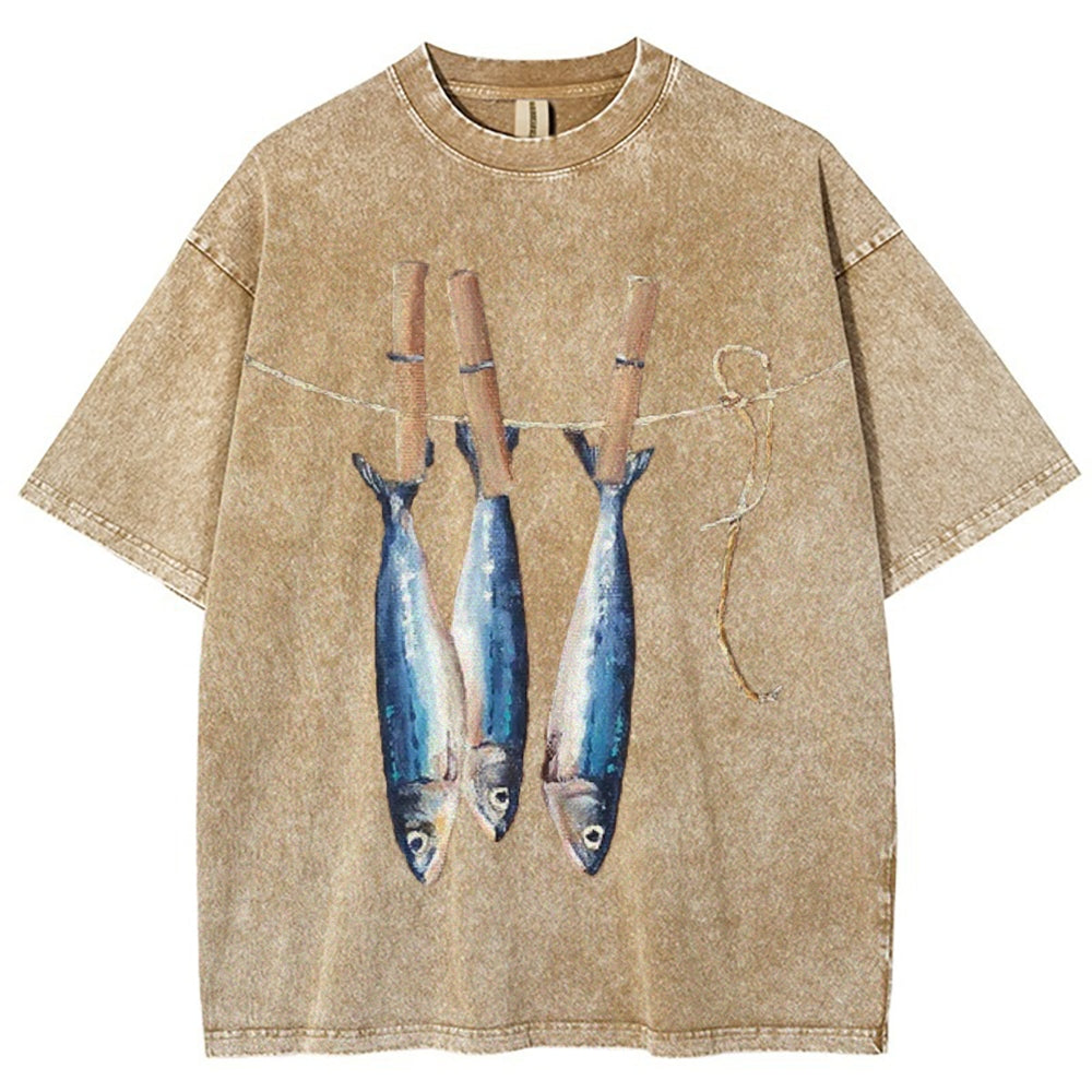 Unisex Sardines Printed Casual Washed T-shirt
