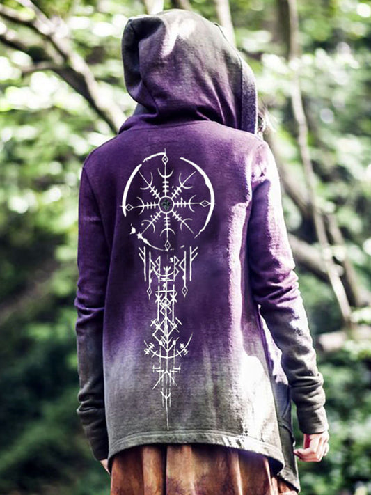 Tie-Dye Gradient Viking Totem Print Zipper Hoodie