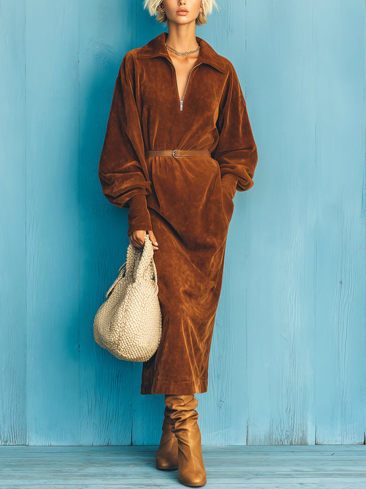Taidalw Chic Vintage Caramel Brown Velvet Lapel Collar Zipper-Front Lantern Sleeve Belted Loose Maxi Dress