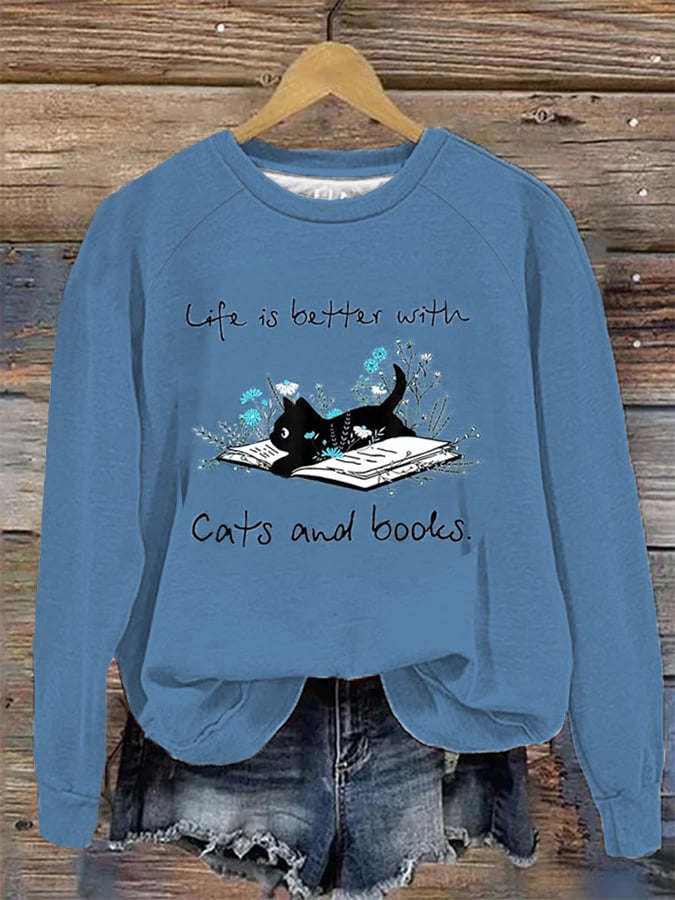 Fun Cat Print Casual Crew Neck Sweatshirt