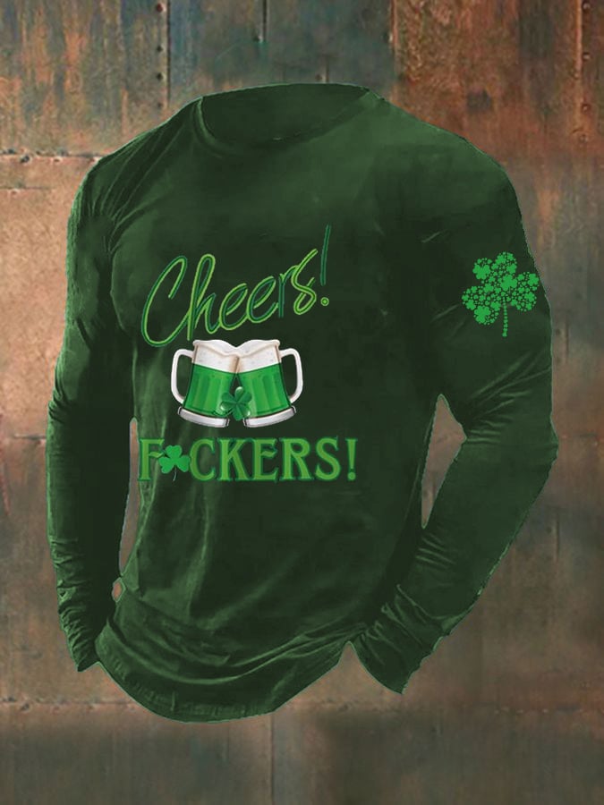 Men's Funny St. Patrick's Day Cheers Green Beer Shamrock Print Casual Long-Sleeve T-Shirt