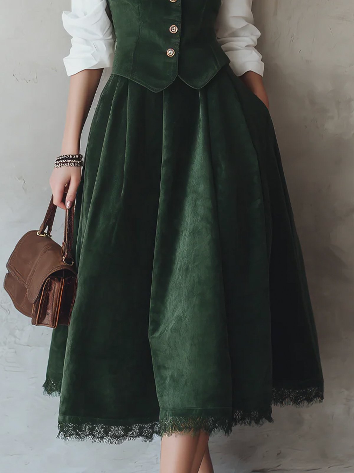 Midi Cotton Skirt, Plain, Pocket Design, Vintage, Green