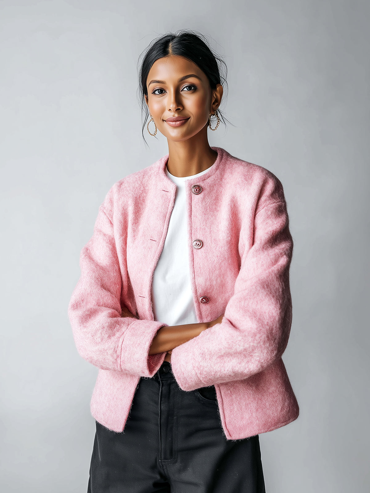 Taidalw Chic Vintage Pink Wool Blend Round Neck Single-Breasted Relaxed Jacket