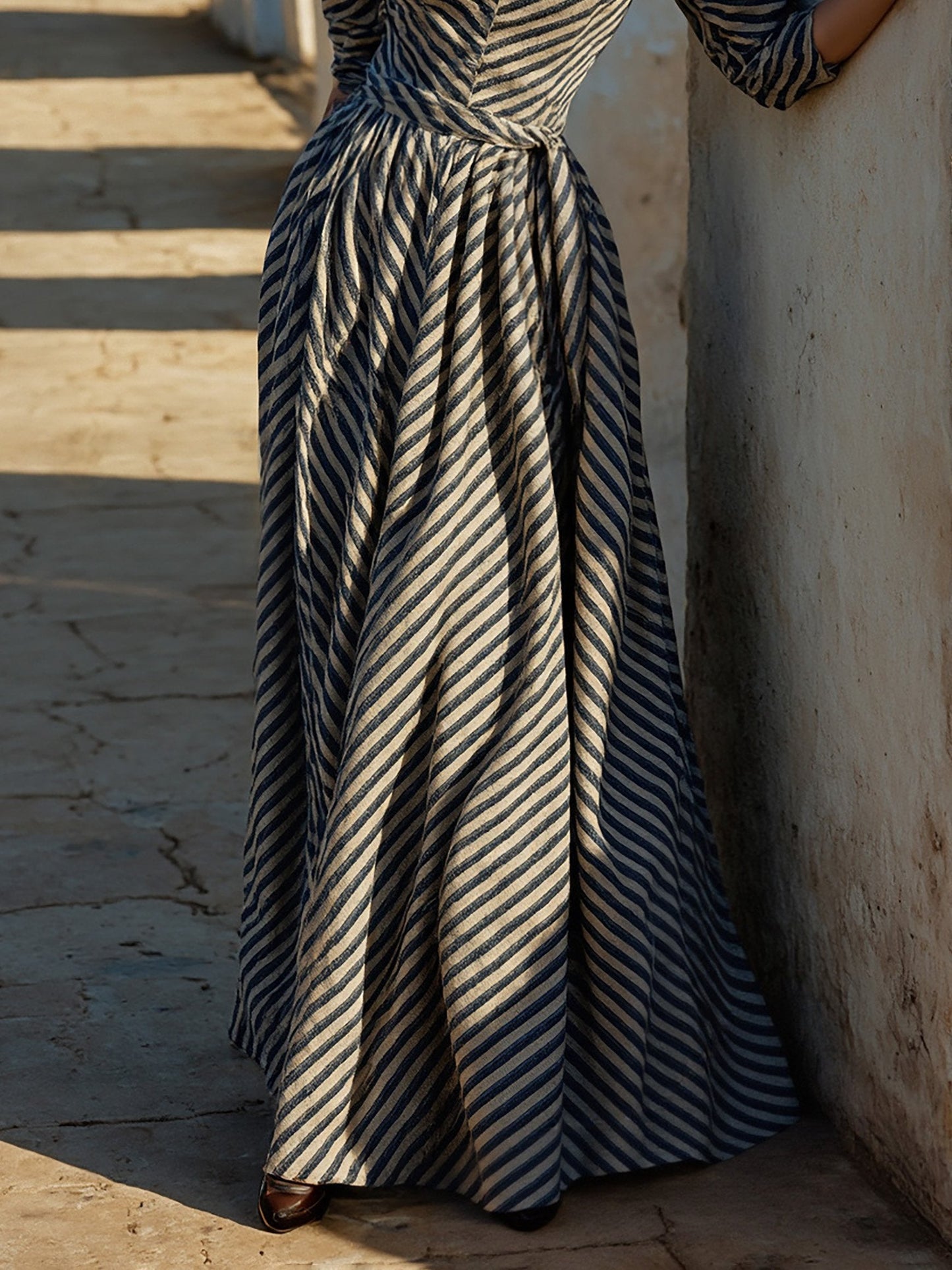 Maxi Linen Dress, Half Sleeve, V Neck, Striped, Button Design, French Vintage, Blue