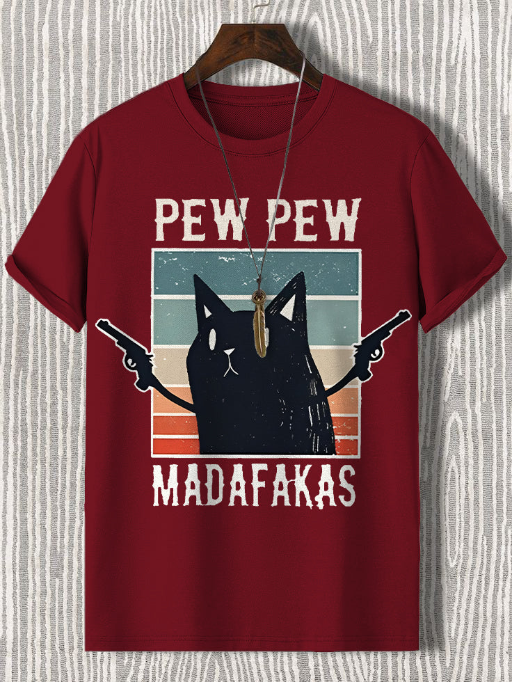 100% Cotton Pew Pew Madafakas Funny Cat Print Casual T-Shirt