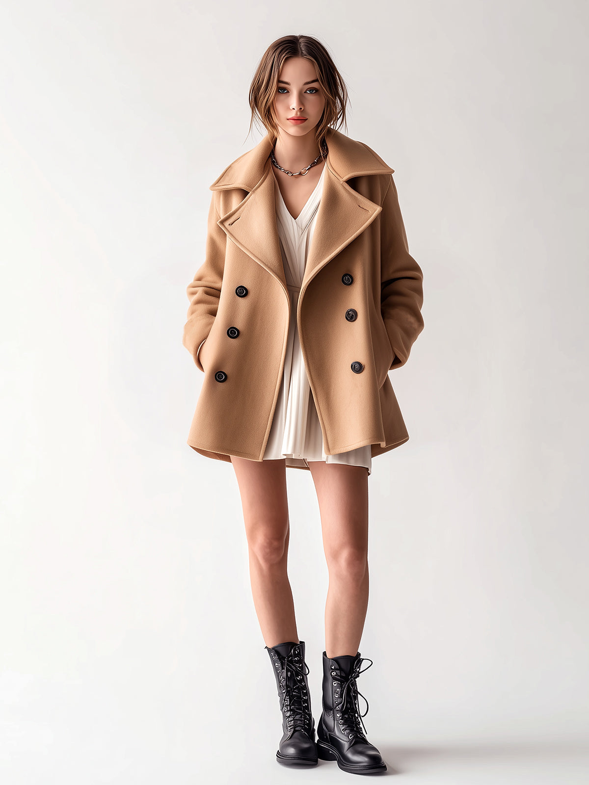 Taidalw Chic Vintage Camel Wool Blend Lapel Double-Breasted Belted Oversized Peacoat