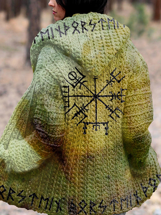 Retro Viking Runes Forest Ink Inspired Print Hooded Cardigan Sweater