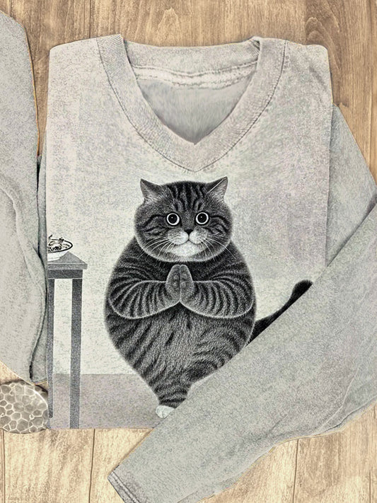 Cute Fat Yoga Cat Art Print Casual Sweatshirt