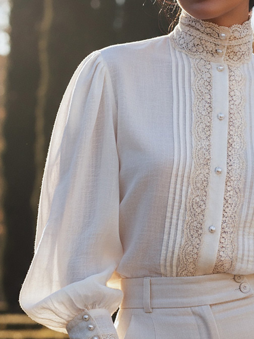 Linen Shirt, Long Sleeves, Stand Collar, Plain, Lace, Vintage, Ivory