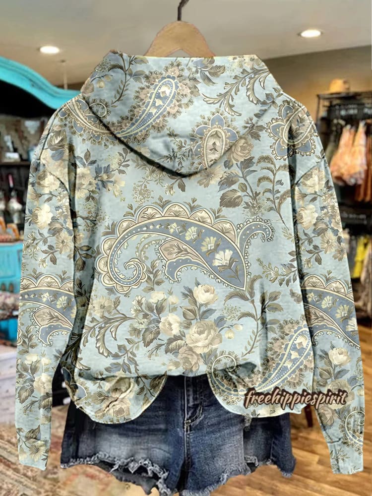 Paisley Print Casual Zip Hoodie Sweatshirt