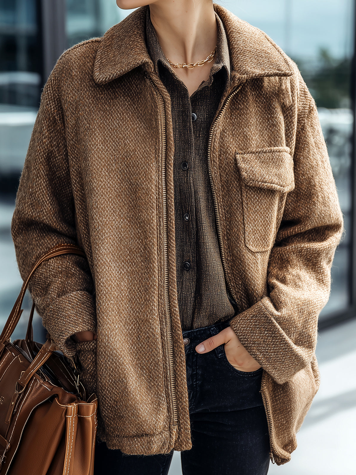 Taidalw Casual Chic Brown Wool Blend Tweed Lapel Zip-Front Flap Pocket Jacket