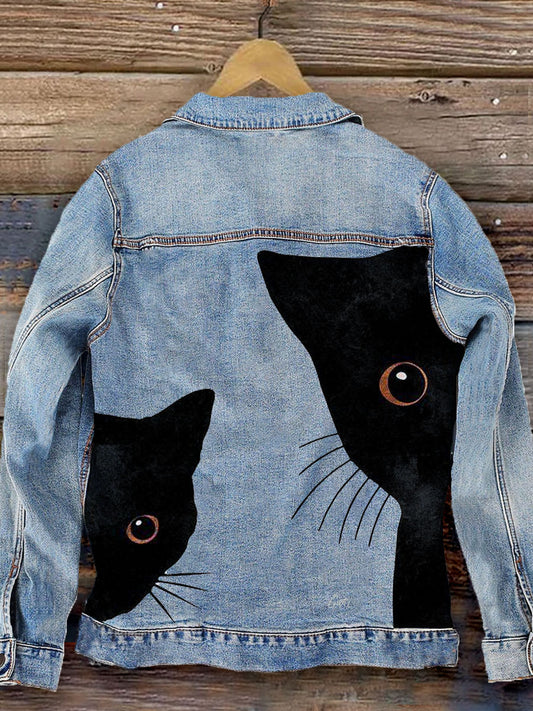 Watching U Black Cat Art Print Casual Denim Jacket