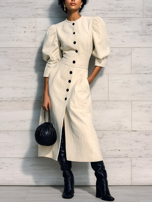 Taidalw Chic Elegant Cream White Faux Suede Round Neck Single-Breasted Puff Sleeve Tailored Waist Slim-Fit Midi Dress