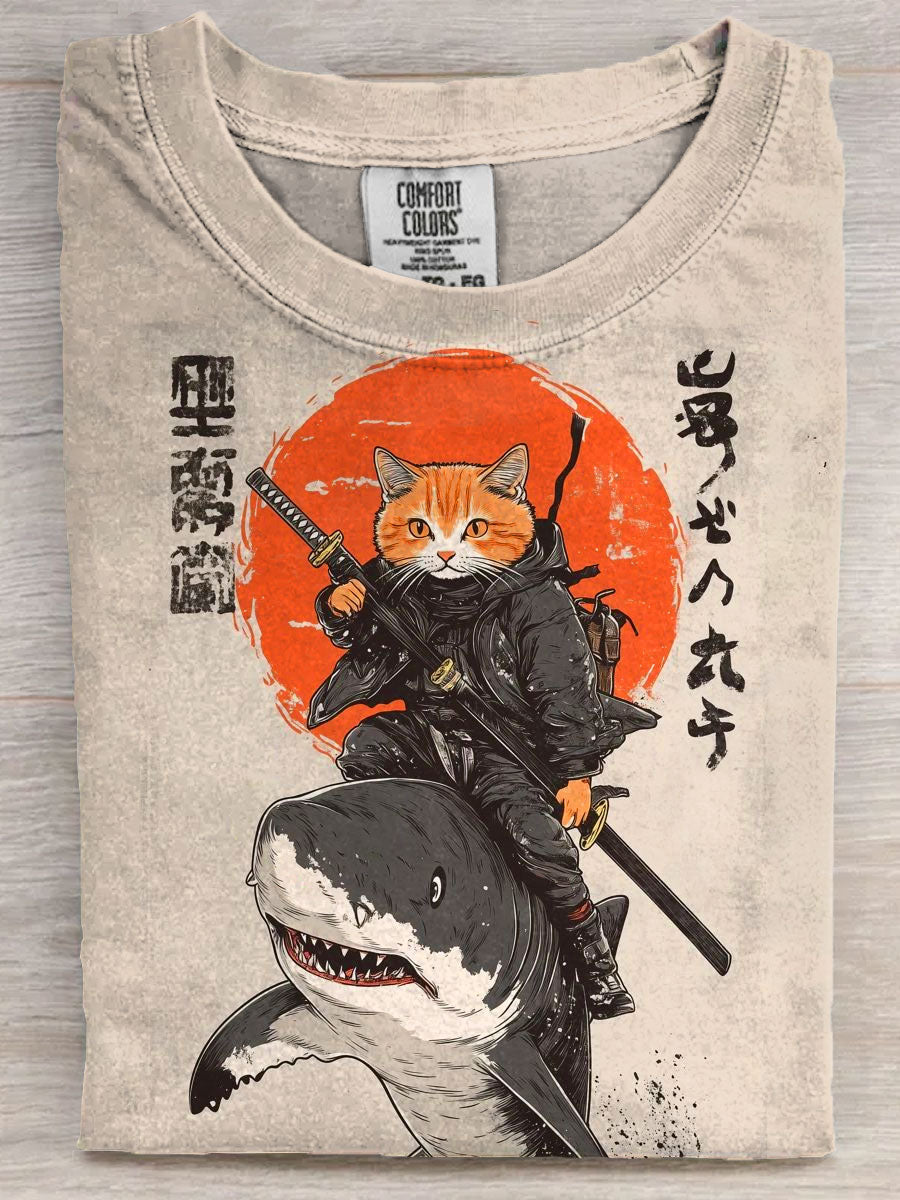 Cat Samurai Riding Shark Funny Art Print Casaul Short Sleeve T-shirt