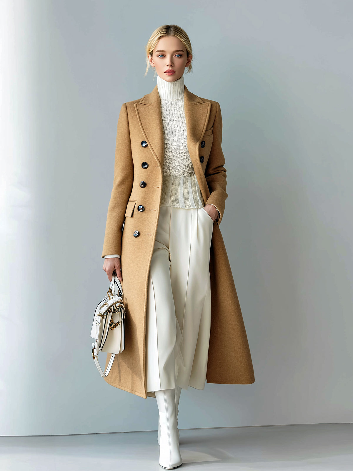 Taidalw Chic Casual Solid Color Wool Blend Peaked Lapel Double-Breasted Tailored Warm Long Coat